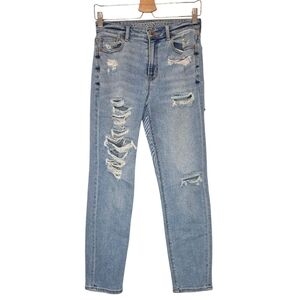 AMERICAN EAGLE Stretch Mom Jeans Light Wash Blue Women's 0 Short Ripped Festival